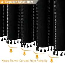 Boho Farmhouse Shower Curtain, Linen Rustic Weighted Striped Fabric Shower Curtain Set With Tassel, Water Repellent, Bohemian Vintage Country Shower Curtains For Bathroom, Black And White, 72x72 - 黑色 - 查看 8