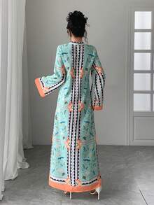 1 pezzo Abito lungo da donna con stampa floreale a blocchi di colore, collo alto, zip sulla schiena, maniche a sbuffo, abito casual comodo e lungo, elegante stile arabo, abito da sera di lusso per l'autunno/inverno - Verde - Visualizzare 2