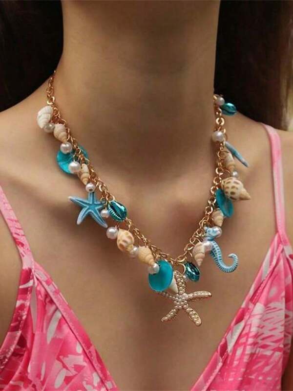 1 pieza Collar versátil con elementos marinos de perla, estrella de mar, caballito de mar y concha, adecuado para la playa, vacaciones y verano