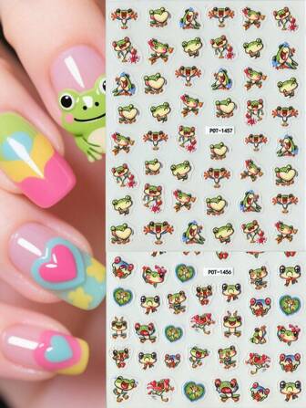 1pc Cute Frog Nail Art Sticker, Self-Adhesive Plastic Nail Decor, Adorable Cartoon Frog, Green Lotus Leaf Design, Cartoon Theme, Shiny Surface, Asymmetrical Shape, Suitable For Women