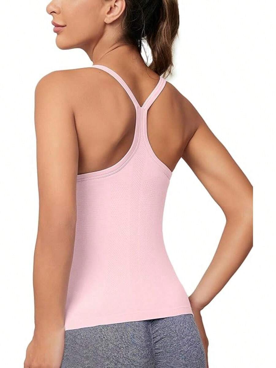Workout Tops Women With Built In Bra, Sleeveless Gym Tops Seamless Racerback Athletic Yoga Shirts, Activewear - 淡粉紅色 - 查看 1