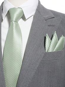 1 Set/1pc Men's Fashion Solid Striped Mint Green Necktie, Bow Tie, Pocket Square 3-Piece Set, Ideal For Weddings, Ceremonies, Formal Occasions, Parties, Gifting,Festival,Graduation Gift - A - View 2