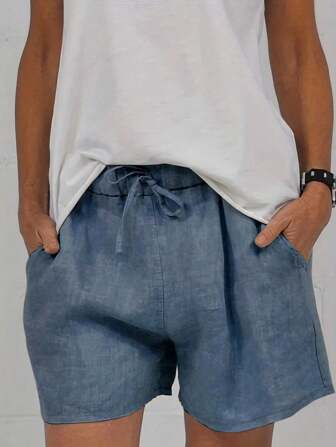 女士大码休闲宽松直筒短裤，带斜口袋，夏季