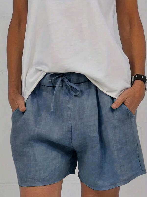 女士大码休闲宽松直筒短裤，带斜口袋，夏季