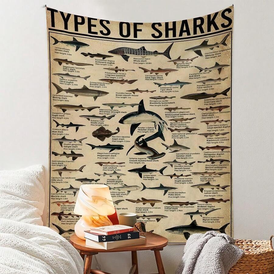 Polyester Educational Shark Species Wall Hanging Tapestry, Decor Perfect For Ocean Life Enthusiasts In Bedroom, Living Room, Dorm, High Quality Polyester Fabric With Vivid Colors, Unique Gift, Learning Tool, Home Decor