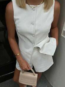 2 件套女士纯色单排扣圆领背心和短裤休闲宽松套装