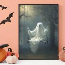 1PC Ghost Sitting On A Swing Halloween Horror Style Oil Canvas Painting Wall Arts Modern Vintage Posters Decoration, White Ghost In The Forest Modern Art Printed Poster Picture Room Decoration, Corridor, Living Room, Bedroom Halloween Wall Decoration(No Frame) - Multicolor - View 3