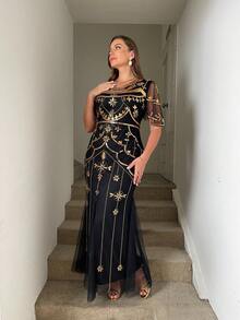 JINLICX Vintage Sequin Plus Size Dress, Fitted Short Sleeve Formal Gown, Party Dress - Black Gold - View 3