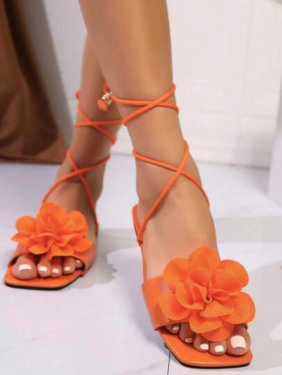 Women's Round Toe Flat Fashion Lace-Up Floral Bow Decor Comfortable Beach Slip-On Sandals