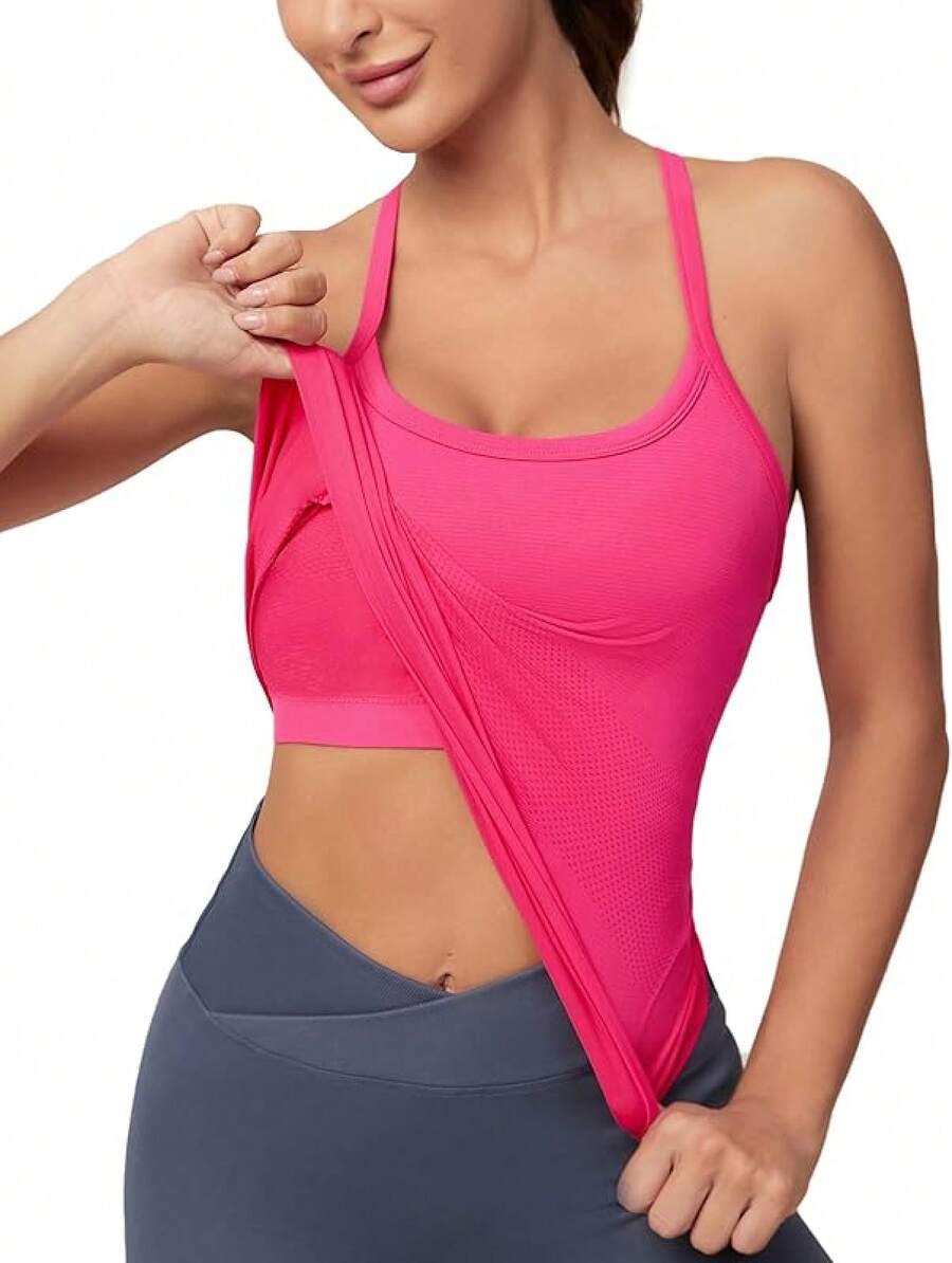Workout Tops Women With Built In Bra, Sleeveless Gym Tops Seamless Racerback Athletic Yoga Shirts, Activewear - 野莓 - 查看 1