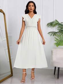 Elegante Vestido Largo Para Mujer Bordado Calado Con Mangas De Hojas De Loto,Vestido Unicolor De Empalme De Encaje Con Cuello En V Y Hueco De Talle Alto - Blanco - Ver 1