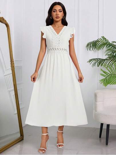 Elegante Vestido Largo Para Mujer Bordado Calado Con Mangas De Hojas De Loto,Vestido Unicolor De Empalme De Encaje Con Cuello En V Y Hueco De Talle Alto