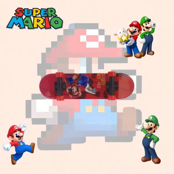 SuperMario Skateboard met vingertopthema, gemaakt van gelegeerd kunststof, mini-skateboard als bureau-speelgoed, U-vormig ontwerp met dubbele kick, creatief puzzel- en stressverlichtend bureau-speelgoed, de beste keuze voor thuisfeesten en bijeenkomsten, geweldig cadeau voor fans, afstuderen, terug naar school, verjaardagen