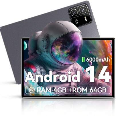 Qetupa Android 14 平板电脑，10.1 英寸屏幕，MTK 6737 四核 1.3GHz 处理器，4GB 内存 + 64GB 存储空间，支持 802.11ax Wi-Fi 6、蓝牙 5.2，Incell 高清 (1280*800) IPS 触控屏，5MP+8MP 双摄像头，6000mAh 电池，Type-C 接口