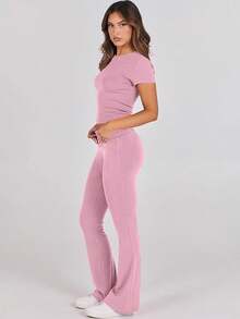 Lounge Sets Women 2 Piece Foldover Yoga Flare Leggings Pants Crop Tops Casual Y2K Outfits Matching Tracksuit Set - 粉色 - 查看 3