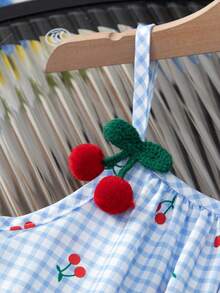 Young Girls Cherry 3D Flower Strap Dress, Cute & Comfortable Versatile Princess Dress, Summer Beach Holiday Style - Blue - View 4