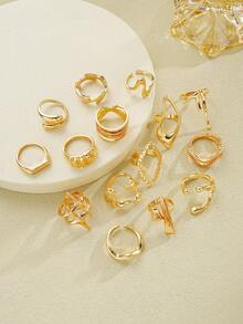 15 件复古几何星星设计不对称夸张金色戒指套装，适合女士、休闲、约会、派对、礼物，无盒 - 款式1 - 查看 4