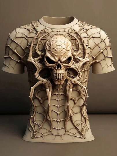 Camiseta casual masculina com estampa de caveira e teia de aranha, manga curta, gola redonda, verão