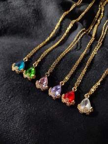 Water Drop Pendant Necklace Zirconia Flower Stainless Steel Chain Gold Choker Women Fashion Elegant Delicate Gift - 綠色 - 查看 6