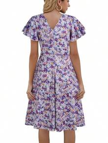 Women's Semi-Formal Ruffle Sleeve V-Back Work Fit And Flare Cocktail Knee Length Dress With Pockets, 2025 Style - Purple Floral - 查看 2