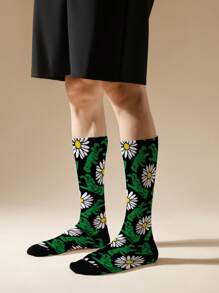 1/2/4/5 pares de calcetines negros tipo tripulación con estampado de flores para hombres, calcetines medianos, calcetines de grafiti callejero, hip hop, rock, calcetines decorativos, unisex, para usar en deportes al aire libre