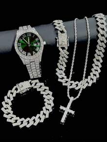4pcs/Set Men's Watch And Hip Hop Cuban Link Necklace Bracelet Set (No Gift Box) - A - View 22