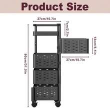 VA-Cerulean Rotating Kitchen Shelf With 4 Tiers, Rolling Cart For Fruits And Vegetables, Multi-Layer Storage Rack With 360° Rotation, With 4 Casters, Space-Saving (Square, Black/White)