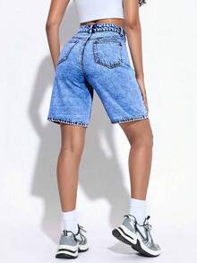 Quần short Bermuda denim dáng rộng cạp cao thời trang nữ, thích hợp mặc mùa hè. - Rửa trung bình - Xem 2