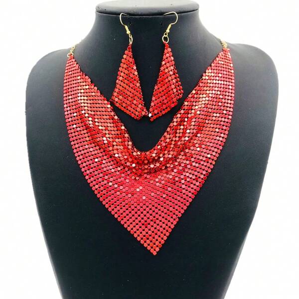 Set de 2 piezas de pañuelo triangular decorado con lentejuelas, collar falso y conjunto de pendientes de moda