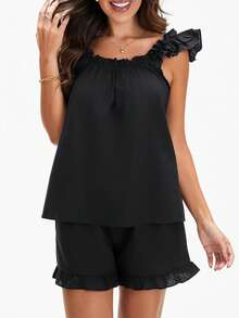 Women's Summer Lounge Set Ruffle Shoulder Strap Tank Tops Drawstring Shorts Sleepwear Sets - 純黑色 - 查看 4