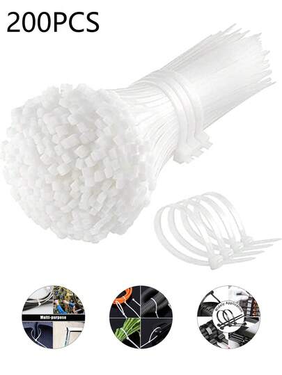 200 条黑白尼龙扎带，自锁式塑料扎带，捆绑电缆扎带，自锁式尼龙扎带，电缆扎带，多用途密封扎带，高韧性不断裂，电线分类和存储，固定家用电缆，适用于家庭、花园、办公室、旅行和车间。白色，适合室内和室外使用