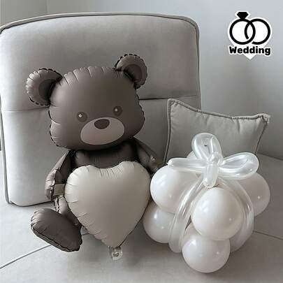 1pc Coffee Brown Aluminum Foil Balloon - Cute Sitting Design With Heart Details, Suitable For Birthday, Anniversary, Wedding, Valentine's Day Party Decoration