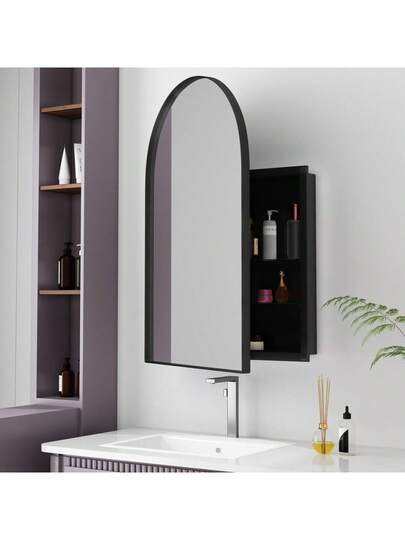 Arched Spiegel Cabinet, Wand Mounted Bathroom Cabinets Metal Frame, Adjustable Shelves, Medicine Cabinet Storage Space, Black/Gold view 3