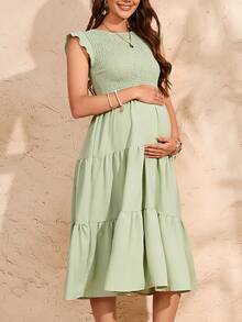 Summer Maternity Boho Smocked Baby Shower Dress Ruffle Sleeve Flowy Casual Pregnant Outfit Photoshoot Dress - Green - View 2