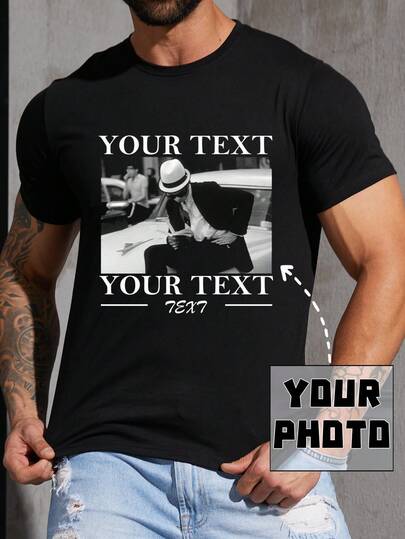 Personalized Photo Customized Men's T-Shirt, Spring/Summer, Custom Pattern, Upload Your Photo/Group Photo/Lover/Family/Pet/Best Friend/Landscape, Input Your Text/Name/Message/Fun Text/Blessing, Men's Round Neck Short Sleeve T-Shirt, Black Top, Holiday Gift, Valentine's Day/Birthday/Anniversary Photo Customized, Gift For Him, Spring/Summer Short Sleeve Ornamental,Dawg Stylish,Fashion,Hipster,Contracted,Easy Costume,Modest Fashion,Minimal Chic,Casual Custom,Unique,Personalized Ideal Gifts For Him Family,Boyfriend,Friends,Children,Daily Office Chic ,Slim-Fit, Street Casual Chic