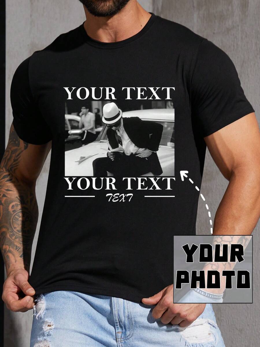 Personalized Photo Customized Men's T-Shirt, Spring/Summer, Custom Pattern, Upload Your Photo/Group Photo/Lover/Family/Pet/Best Friend/Landscape, Input Your Text/Name/Message/Fun Text/Blessing, Men's Round Neck Short Sleeve T-Shirt, Black Top, Holiday Gift, Valentine's Day/Birthday/Anniversary Photo Customized, Gift For Him, Spring/Summer Short Sleeve Ornamental,Dawg Stylish,Fashion,Hipster,Contracted,Easy Costume,Modest Fashion,Minimal Chic,Casual Custom,Unique,Personalized Ideal Gifts For Him Family,Boyfriend,Friends,Children