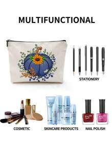 1pc Autumn Pumpkin Sunflower Maple Leaf Bow Letter Linen Printed Makeup Bag, Cute Travel Cosmetic Pouch And Multifunctional Coin Purse, Lightweight Gift For Women