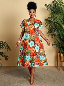 BIUBIU Plus Size Women's Casual Geometric Print V-Neck Ruffle Sleeve Loose Mid-Length Dress, Suitable For Daily, Vacation (Pattern Random) - Orange - View 6