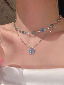 2 件装蓝色水晶蝴蝶项链，适合女士女孩双层颈链锁骨链珠宝礼物 - 彩色 - 查看 1