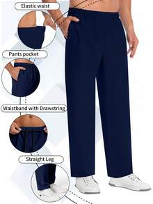 Men's Solid Drawstring Elastic Waist Cargo Pants, Elastic Waistband With Pockets, Quick-Dry Work Trousers - Royal Blue - View 1