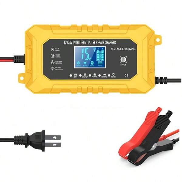 RJTianye 12V15A 24V8A Intelligentes Tröpfchen-Autobatterie-Ladegerät, 12V Batterieerhaltungsgerät geeignet für Kraft-, Lkw- und Motorrad-Blei-Säure-Batterien, Lithium-Eisenphosphat-Batterien