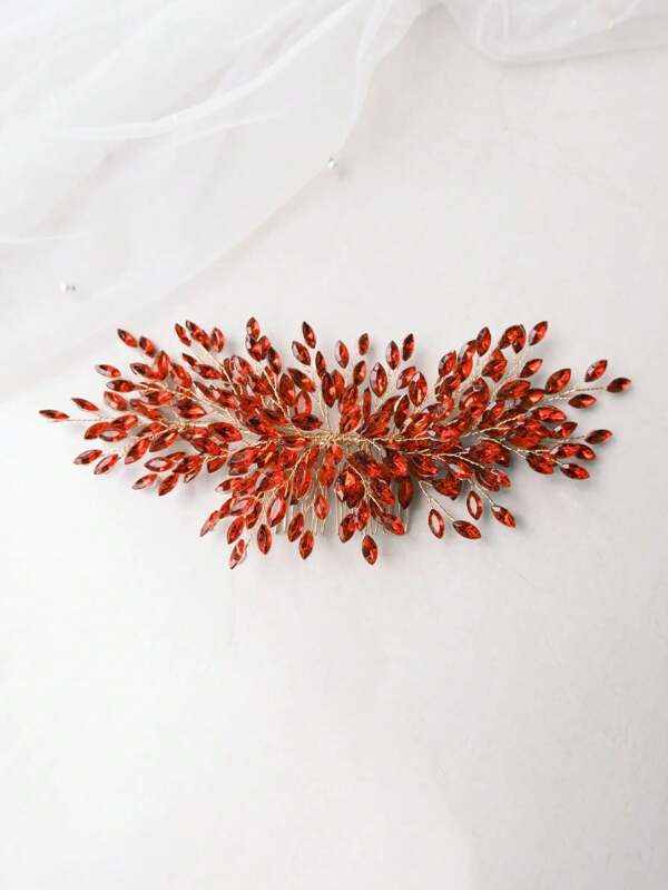1pc Women's Golden Handmade Comb Romantic Headdress, Red Vibrant Decorative Bridal Wedding Accessory, Sparkling Crystal Ornament