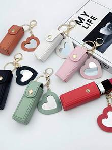 1pc Solid Color PU Leather Lipstick Holder (With Heart-Shaped Mirror) - Women's Makeup Keychain. Back To School Lipstick Holder With Heart-Shaped Mirror, Multiple Colors Available, Women's Makeup Bag, Heart-Shaped Bag Charm Fashion Keychain Pendant, Wallet, Handbag, Bag Accessory. Suitable For Parties, Weddings And Dances. Make Up Bag - White - View 1