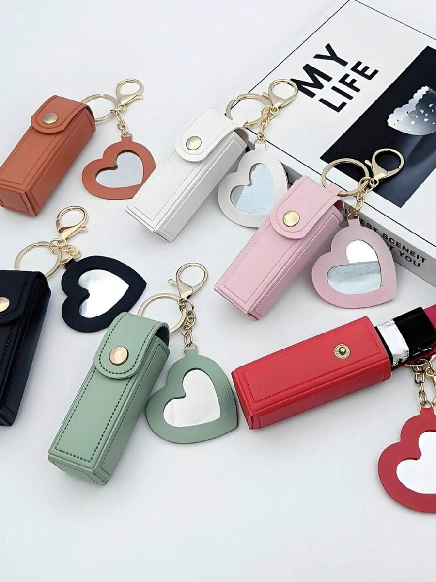 1pc Solid Color PU Leather Lipstick Holder (With Heart-Shaped Mirror) - Women's Makeup Keychain. Back To School Lipstick Holder With Heart-Shaped Mirror, Multiple Colors Available, Women's Makeup Bag, Heart-Shaped Bag Charm Fashion Keychain Pendant, Wallet, Handbag, Bag Accessory. Suitable For Parties, Weddings And Dances. Make Up Bag - White - View 1