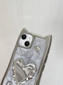 Süße elektroplattierte Katzenohren Zement grauer faltbarer herzförmiger Make-up Spiegel Strass Handyhülle kompatibel mit iPhone 11/12/13/14/15 Pro Max