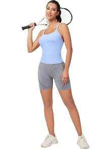 Workout Tops Women With Built In Bra, Sleeveless Gym Tops Seamless Racerback Athletic Yoga Shirts, Activewear - 淺藍色 - 查看 9
