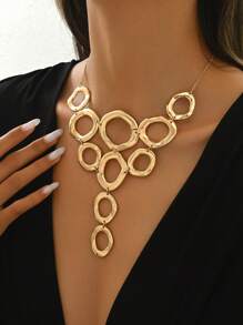 1pc Chic Geometric Hollow Circle Metal Chain Necklace, Stylish Elegant Long Y Shaped Pendant Necklace