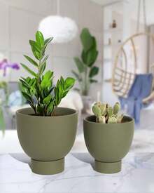 Green Terracotta Self Watering Plant Pot - 2 PCS 6 Inch & 8 Inch Terra Cotta Plant Pot With Drainage Hole And Saucer, Small & Large Clay Flower Pot With Tray, Plant Pot For Indoor Outdoor - 薄荷綠 - 查看 7