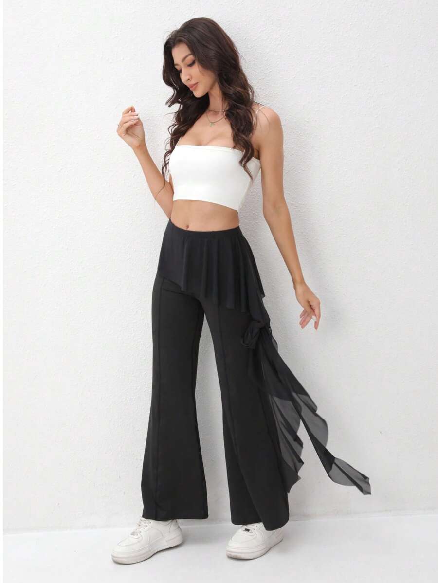 Women's Solid Color Ruffle Hem Mesh Flare Casual Sports Pants