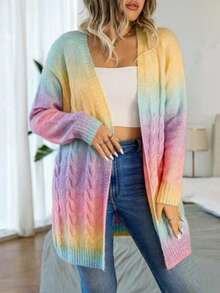 大码女士彩虹色休闲风温柔甜美秋季中长款针织开衫[开学季] - 彩色 - 查看 3
